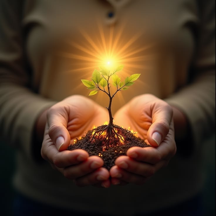 Mãos em concha segurando terra com um pequeno broto iluminado nascendo